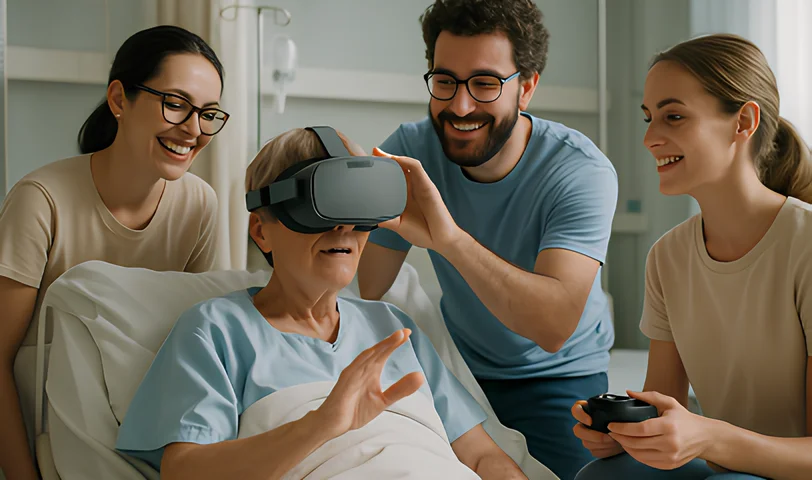 Bénévoles GNUT 06 en intervention à l'hôpital, proposant des expériences de réalité virtuelle aux patients