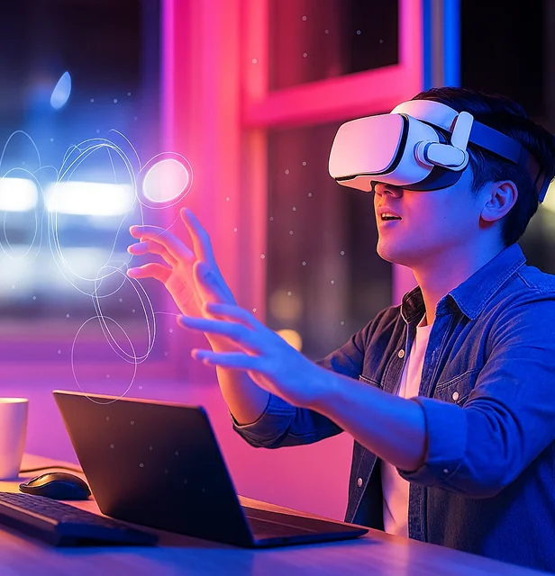 Personne utilisant une technologie immersive GNUT 06 pour l'inclusion numérique