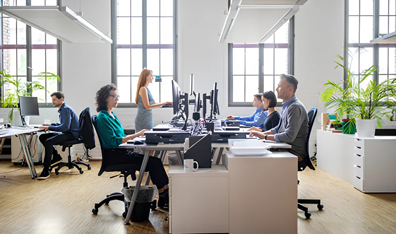 Plusieurs avatars interagissant dans une salle virtuelle 3D ouverte avec des outils de collaboration